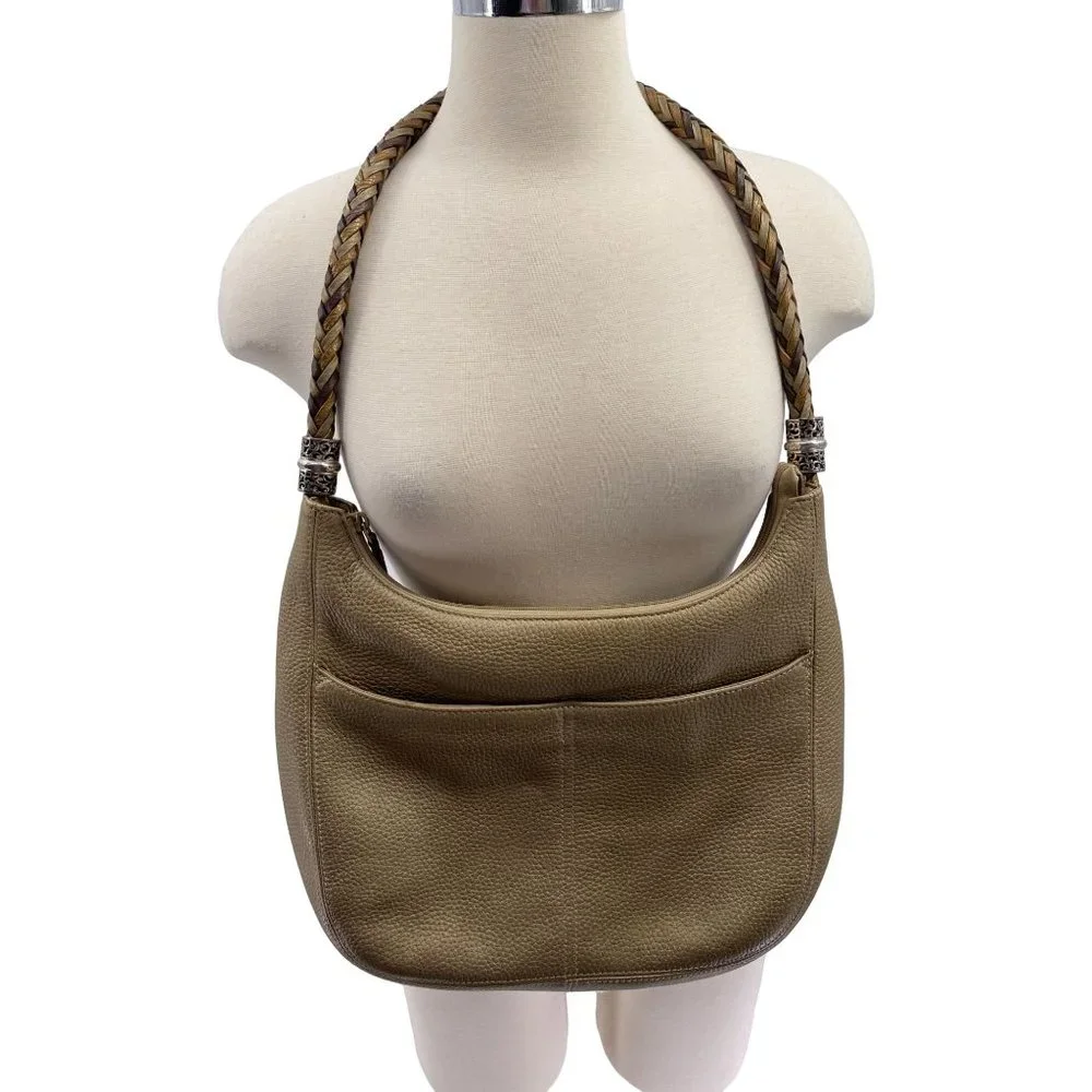 Brighton Barbados pebbled leather hobo purse handbag metallic gold braided handl